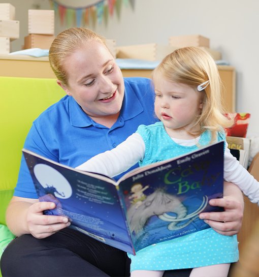 little girl sat on females lap reading book